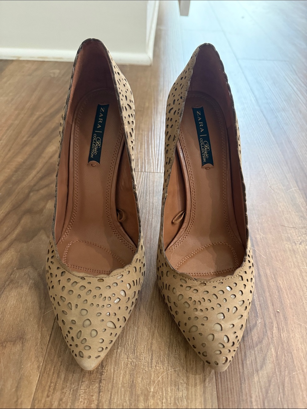 Zara Taupe Laser-Cut Pointed-Toe Pumps